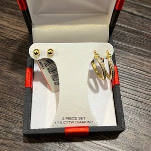 2 Pair Earring Set White Diamond 14K Gold Over Silver Sterling Silver